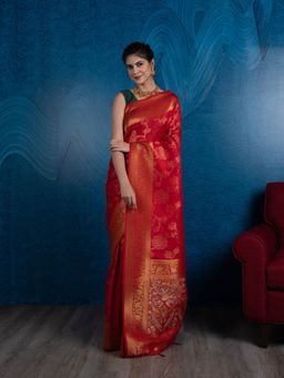 Beatitude - Red Gold-Toned Floral Silk Blend Banarasi Saree with Unstitched Blouse