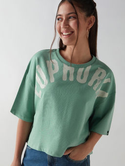 Bewakoof - Women's Green Euphoria Typography Oversized Short Top