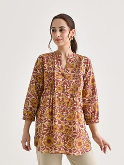 Rustorange - Beige Sanganeri Printed Cotton Tunic with Pintuck Detail