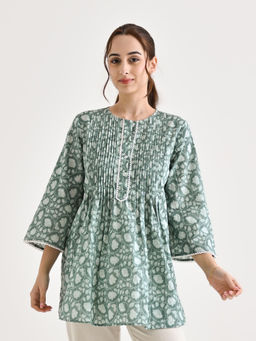 Rustorange - Dusty Blue Sanganeri Printed Cotton Tunic with Pintuck and Lace Details