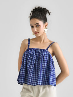 Rustorange - Blue Woven Cotton Crop Top with Adjustable Strap Detail