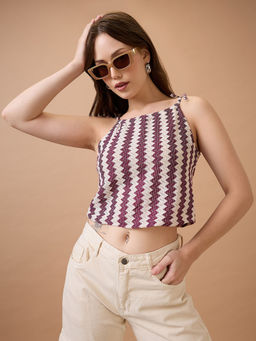 Globus - Maroon Square Neck Tie-Up Strappy Shoulder Self Design Crochet Crop Top