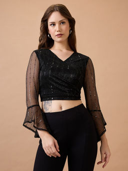 Globus - Black V-Neck Flared Sleeves Embellished Sheen Waist Tie-Up Party Crop Top
