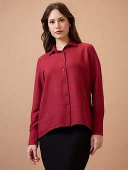 Globus - Maroon Collared Neck Cuffed Sleeves Shirt Style Workwear Top