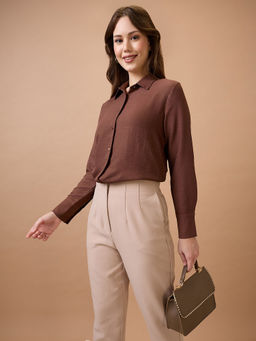 Globus - Brown Collared Neck Cuffed Sleeves Shirt Style Workwear Top