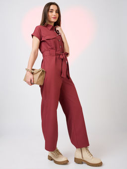 Globus - Women's Rust Shirt Collar Jumpsuit with Belt (Set of 2)