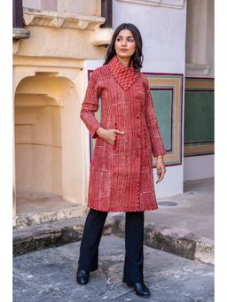 NAVYAS FASHION - Natural Red Block Printed Quilted Bukhara Coat