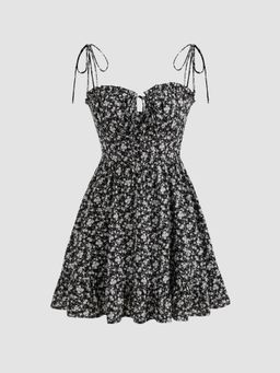 Cider - Black Santorini Beach Vacation Ditsy Floral Tie Shoulder Mini Dress