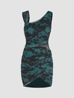 Cider - Green Tie & Dye Mesh Asymmetrical Neck Dress