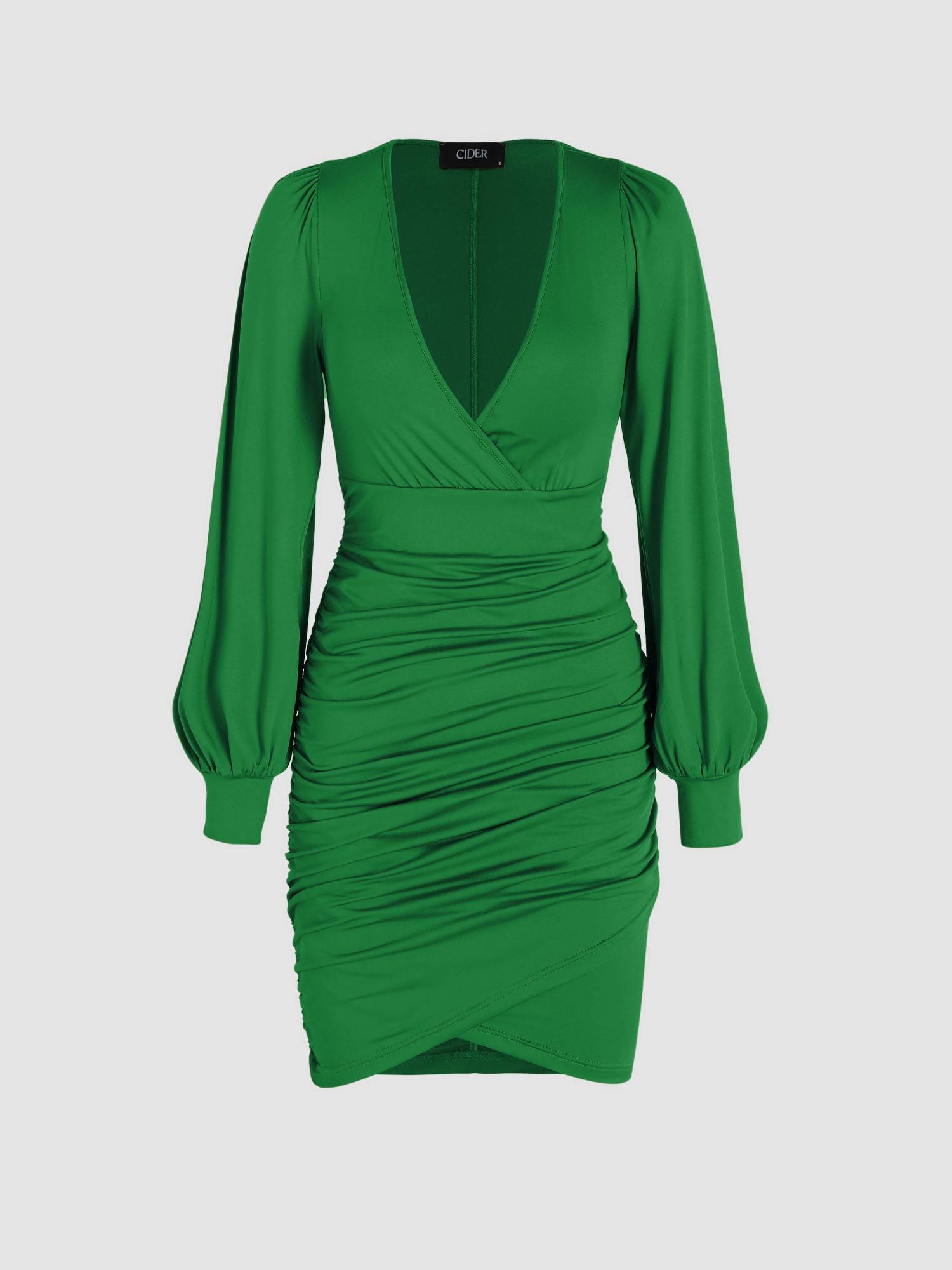 cider Green Solid Ruched Plunging Neck Dress-picture-20