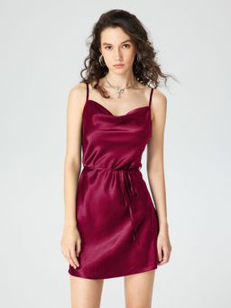 Cider - Wine Animal Print Satin Cowl Neck Cami Belted Mini Dress