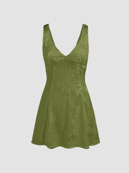 Cider - Green Satin Floral Print Tie Back Short Dress