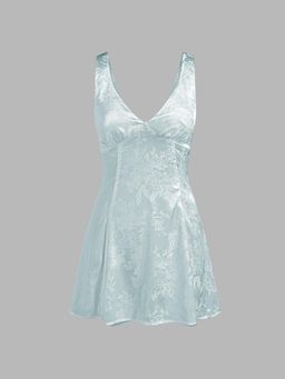 Cider - Blue Satin Floral Print Tie Back Short Dress