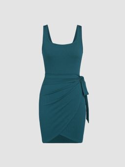 Cider - Blue U-Neckline Knotted Mini Dress