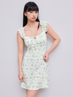 Cider - Blue Ditsy Floral Square Neck Drawstring Ruched Mini Dress