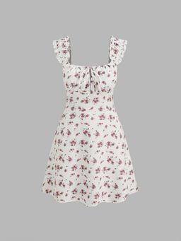 Cider - Red Ditsy Floral Square Neck Drawstring Ruched Mini Dress