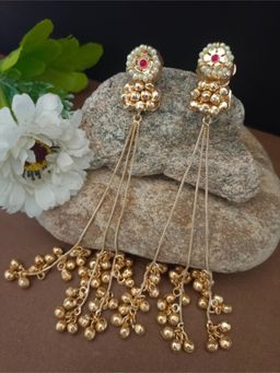 Sanjog - Pink Gold-Tone Jhumka Chain Drop Earrings with Pearls and Ghungroo Bells