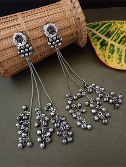 Sanjog - Oxidized Silver Pearl Stud Drop Earrings with Long Chain Tassels and Ghungroo Bells