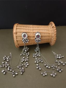 Sanjog - Oxidized Silver Ear Chains with Floral Pearl Studs and Tiered Ghungroo Bells