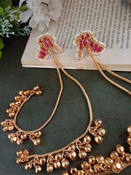 Sanjog - Pink Gold-Plated Kundan Studded and Ghungroo Beaded Tasselled Peacock Drop Earrings