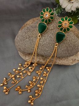 Sanjog - Green Brass- Plated Pachi Kundan and Ghungaroo Beaded Kashmiri Floral Drop Earrings
