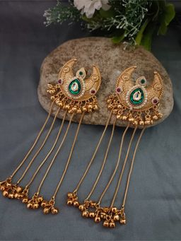 Sanjog - Multi Color Brass-Plated Pachi Kundan and Ghungaroo Beaded Crescent Shaped Drop Earrings