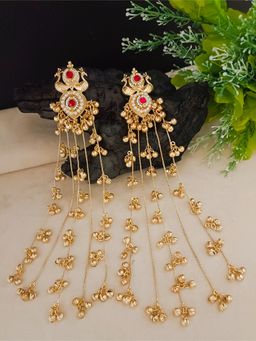 Sanjog - Pink Gold Plated Pachi Kundan and Ghungaroo Studded Peacock Shaped Drop Earrings