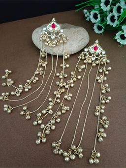 Sanjog - Pink Pachi Kundan and Ghungaroo Studded Teardrop Shaped Kashmiri Drop Earrings