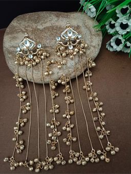 Sanjog - White Pachi Kundan and Ghungaroo Studded Teardrop Shaped Kashmiri Drop Earrings