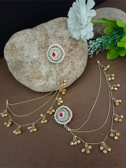 Sanjog - Pink Gold-Tone Ear Chains (Kaan Chain) with Pachi Kundan Studs and Ghungroo Dangles
