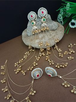 Sanjog - Multi Color Brass-Plated Kundan Studded and Ghungroo Beaded Drop Earrings with Earchains
