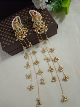 Sanjog - Multi Color Brass-Plated Kundan Studded and Artificial Beaded Leaf Shaped Drop Earrings