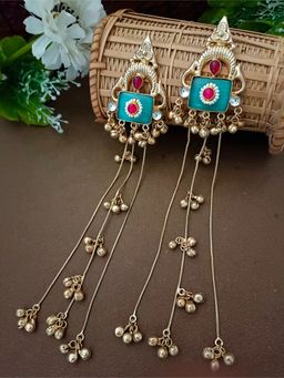 Sanjog - Multi Color Brass-Plated Pachi Kundan Studded and Beaded Geometric Drop Earrings