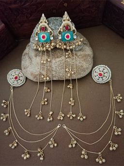 Sanjog - Multi Color Brass-Plated Kundan Studded and Ghungroo Beaded Drop Earrings with Earchains