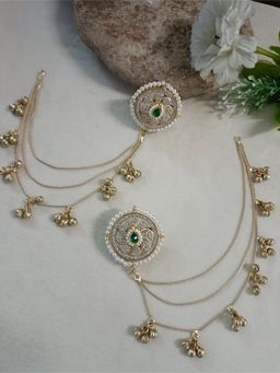 Sanjog - Green Brass-Plated Kundan Studded and Ghungroo Beaded Circular Shaped Ear Cuff