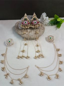 Sanjog - Multi Color Brass-Plated Kundan Studded and Ghungroo Beaded Drop Earrings with Earchains