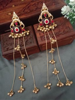 Sanjog - Red Brass-Plated Pachi Kundan Studded and Beaded Geometric Kashmiri Drop Earrings