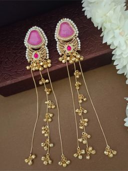 Sanjog - Pink Brass-Plated Pachi Kundan Studded and Beaded Geometric Drop Earrings