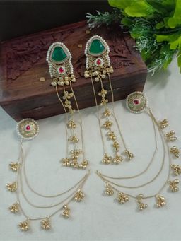 Sanjog - Multi Color Brass-Plated Kundan Studded and Ghungroo Beaded Drop Earrings with Earchains