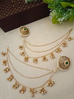 Sanjog - Green Brass-Plated Kundan Studded and Ghungroo Beaded Kashmiri Circular Shaped Ear Cuff