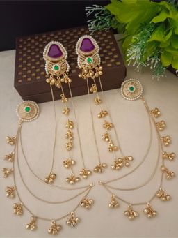 Sanjog - Multi Color Brass-Plated Kundan Studded and Ghungroo Beaded Drop Earrings with Earchains