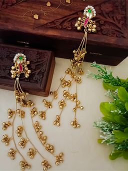 Sanjog - Multi Color Brass-Plated Kundan Studded and Beaded Peacock Shaped Drop Earrings
