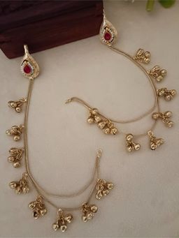 Sanjog - Pink Gold-Tone Ear Chains (Kaan Chain) with Pearl Studs and Ghungroo Dangles