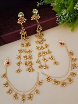 Sanjog - Multi Color Brass-Plated Kundan Studded and Beaded Contemporary Drop Earrings with Chain