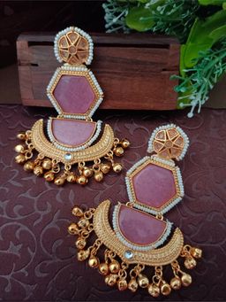 Sanjog - Pink Brass-Plated Kundan Studded and Beaded Geometric Kashmiri Drop Earrings