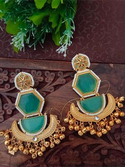Sanjog - Aqua Brass-Plated Kundan Studded and Beaded Geometric Kashmiri Drop Earrings