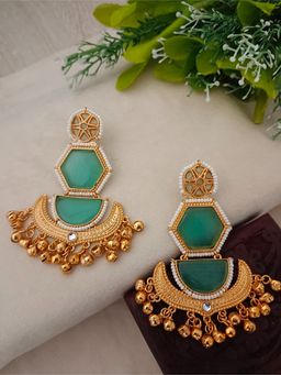Sanjog - Aqua Brass-Plated Kundan Studded and Beaded Geometric Kashmiri Drop Earrings