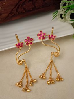 Sanjog - Pink Brass-Plated Kundan Studded Gold-Toned Floral Peacock Ear Cuff Bugadi Earrings