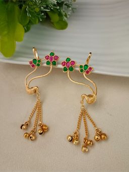 Sanjog - Multi Color Brass-Plated Kundan Studded Gold-Toned Floral Peacock Ear Cuff Earrings
