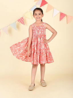 Fabindia - Peach Cotton Hand Block Printed Dress